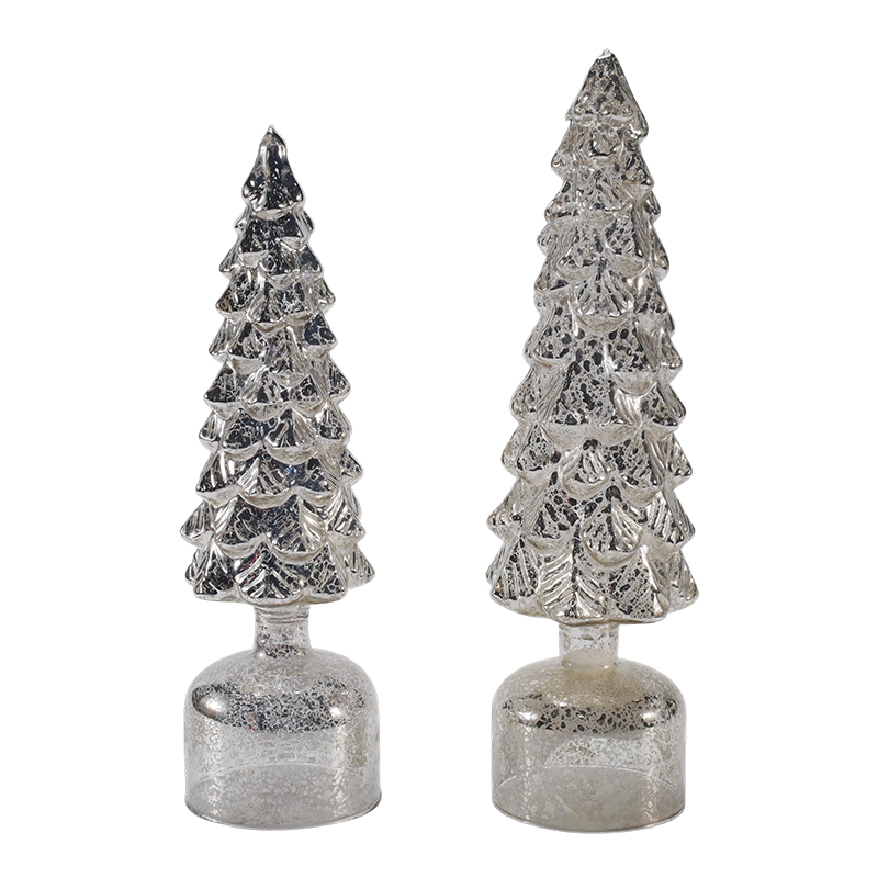 Set di alberi di Natale in vetro rotanti illuminati a LED da 10×25 e 10×28 cm. Ornamenti festivi