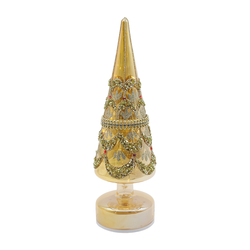 Albero di Natale rotante in vetro da 10×30 cm con luci a LED, decorazioni festive iridescenti
