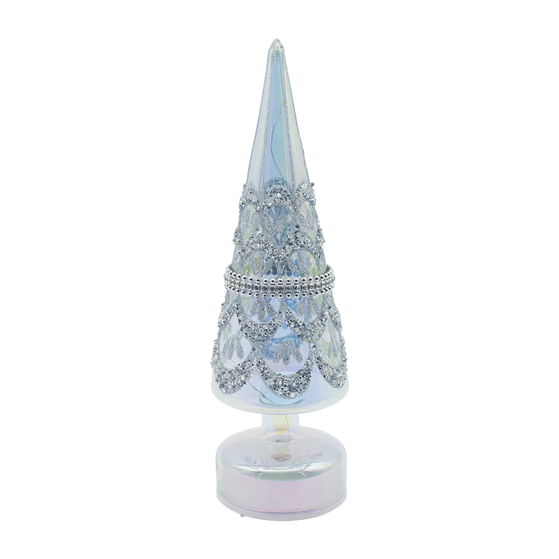 Albero di Natale rotante in vetro da 10×30 cm con luci a LED, decorazioni festive iridescenti