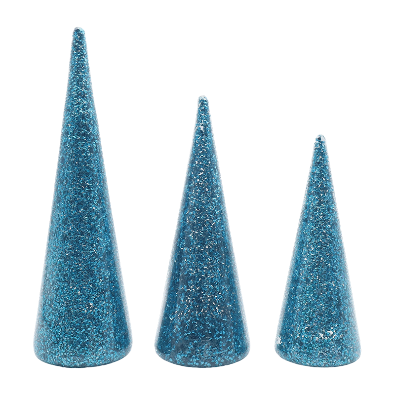 Set albero di Natale in vetro glitterato da 3 pezzi 8×20/9×25/10×30 cm con luci LED integrate