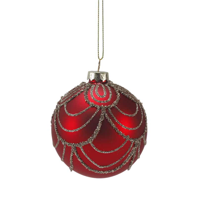 Pallina di Natale in vetro rosso opaco da 8 cm con turbinii glitter dorati