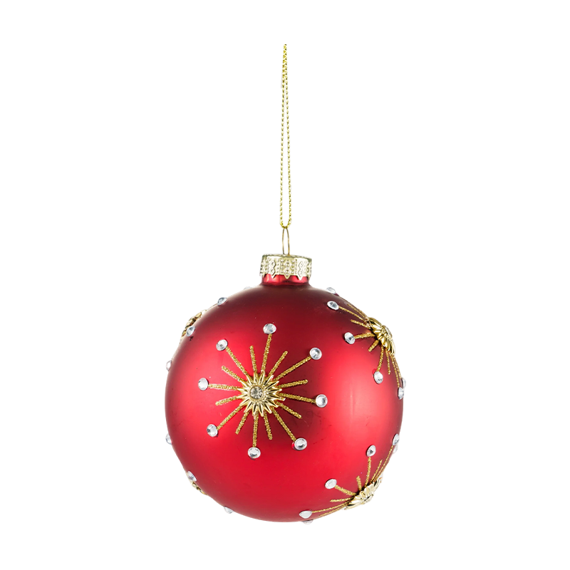 Pallina di Natale in vetro rosso opaco da 8 cm con turbinii glitter dorati
