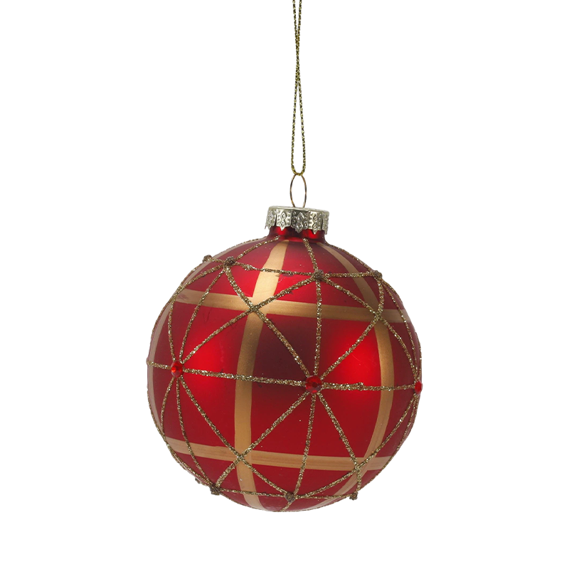 Pallina di Natale in vetro rosso opaco da 8 cm con turbinii glitter dorati