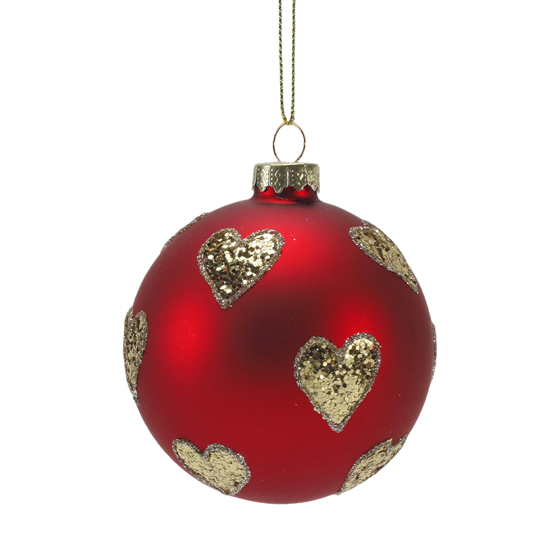 Pallina di Natale in vetro rosso opaco da 8 cm con turbinii glitter dorati