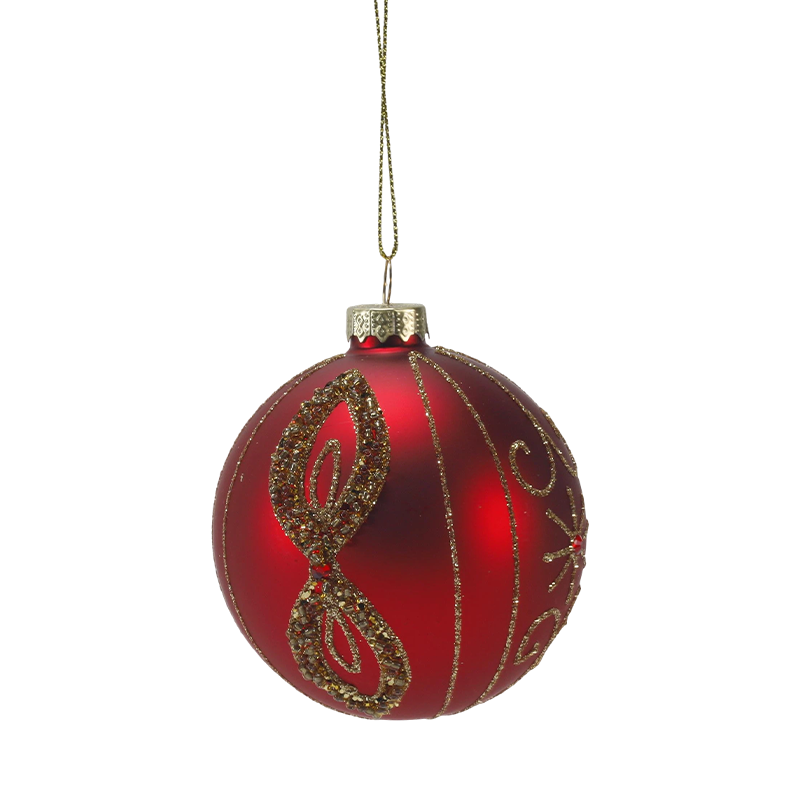 Pallina di Natale in vetro rosso opaco da 8 cm con turbinii glitter dorati