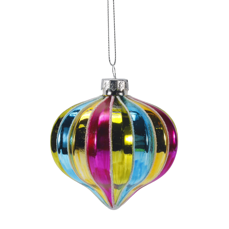 Ornamento natalizio con sfera di vetro a strisce arcobaleno retrò da 8 cm (singolo/set da 4)