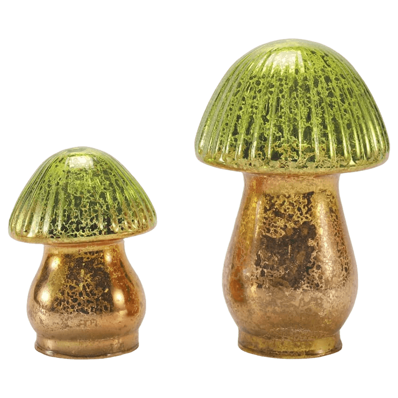 Ornamento di funghi in vetro di mercurio a coste sfumate verde-oro fatto a mano con decorazione a led