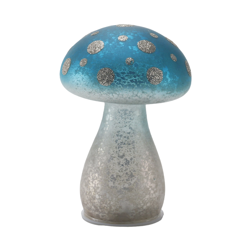 Ornamento di funghi in vetro smerigliato blu sfumato fatto a mano con punti glitter argento con decorazione a led