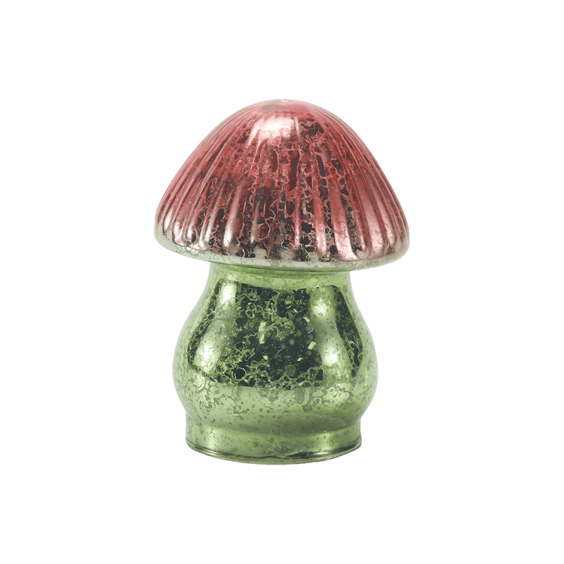 Ornamento di funghi in vetro di mercurio a coste sfumate rosso-verde fatto a mano con decorazione a led
