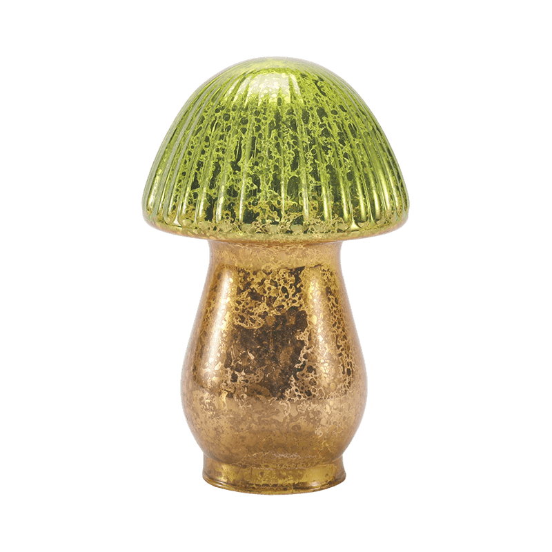 Ornamento di funghi in vetro di mercurio a coste sfumate verde-oro fatto a mano con decorazione a led