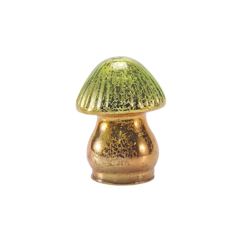Ornamento di funghi in vetro di mercurio a coste sfumate verde-oro fatto a mano con decorazione a led