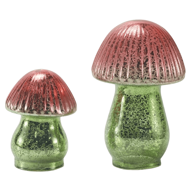 Ornamento di funghi in vetro di mercurio a coste sfumate rosso-verde fatto a mano con decorazione a led