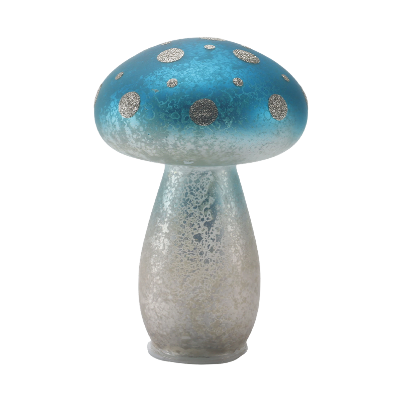 Ornamento di funghi in vetro smerigliato blu sfumato fatto a mano con punti glitter argento con decorazione a led