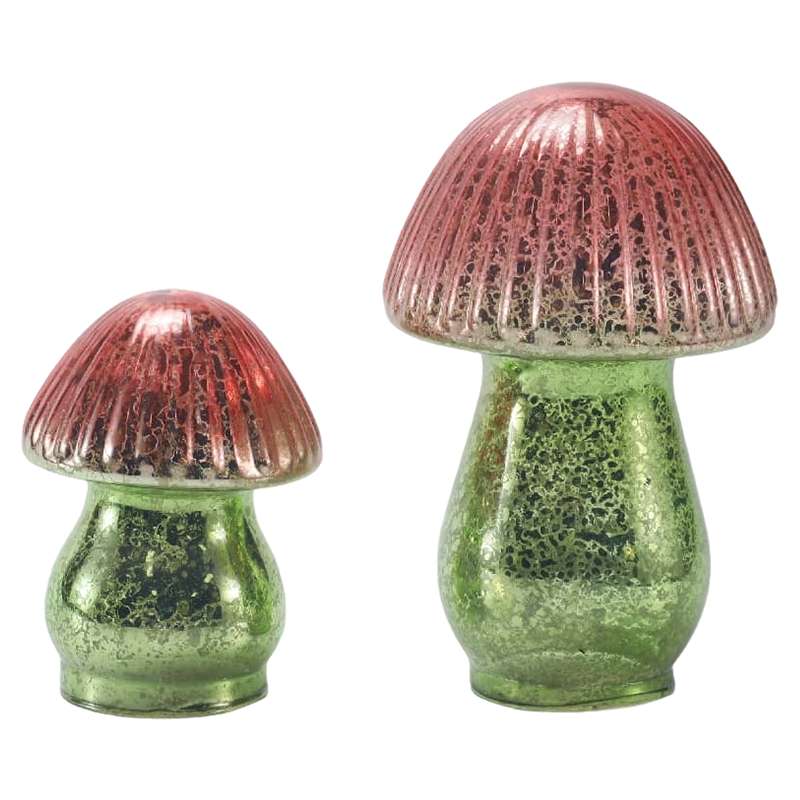 Ornamento di funghi in vetro di mercurio a coste sfumate rosso-verde fatto a mano con decorazione a led