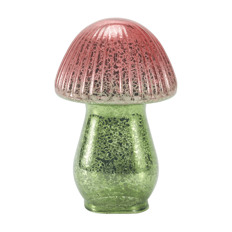 Ornamento di funghi in vetro di mercurio a coste sfumate rosso-verde fatto a mano con decorazione a led
