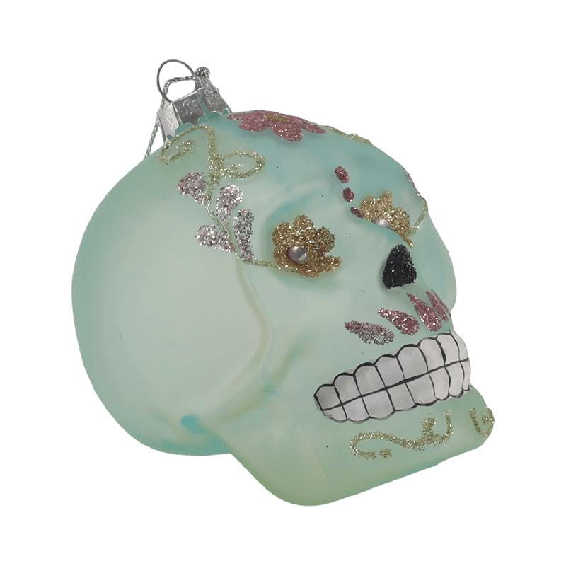 Set di decorazioni con teschio iridescente/ornamenti in vetro con teschio di zucchero