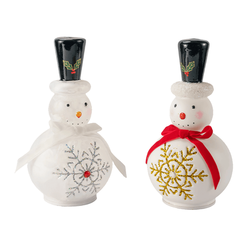Statuetta festosa di pupazzo di neve in vetro (finitura trasparente/bianco opaco)
