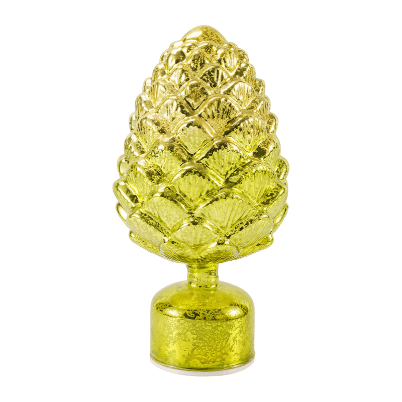 Candela vintage in vetro al mercurio e statuetta di pigna (finitura verde/oro)