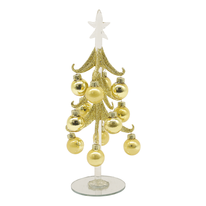 Albero di Natale festivo in vetro dorato da 10×25 cm e 10×30 cm decorato con palline decorative.