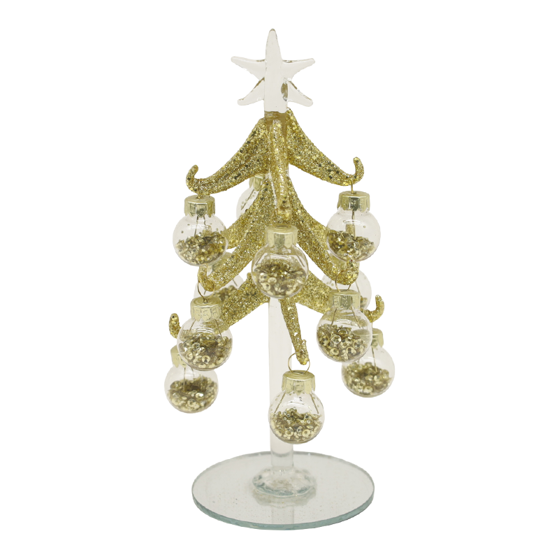 Albero di Natale festivo in vetro dorato da 10×25 cm e 10×30 cm decorato con palline decorative.