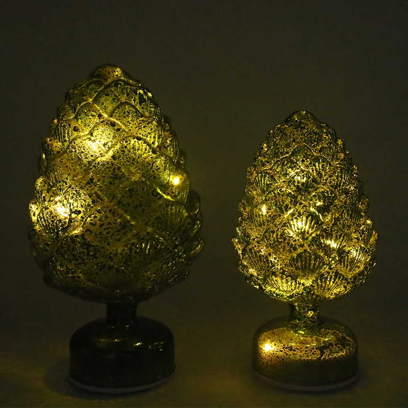 Decorazione da tavolo a LED in vetro rotante natalizio con pigna da 15×28 cm e 11×22 cm