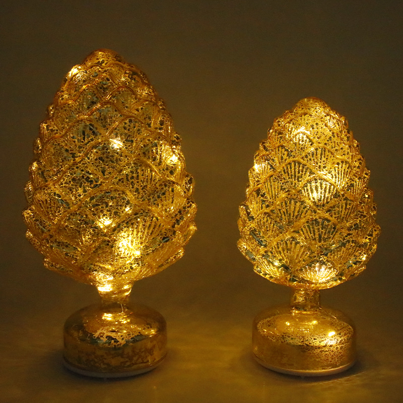 Decorazione da tavolo a LED in vetro rotante natalizio con pigna da 15×28 cm e 11×22 cm